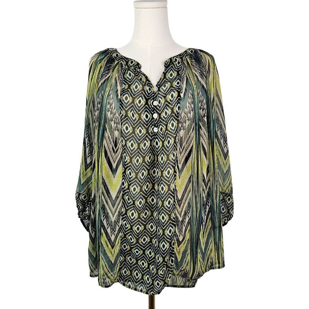 Figueroa‎ & Flower 3X Sheer Green Boho Tunic Blouse 3/4 Sleeve Peacock Print